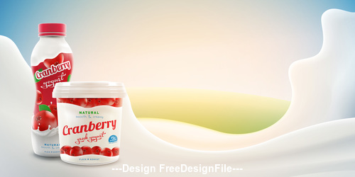 Realistic cranberry flavor yogurt vector mockup background
