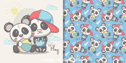 Two panda cartoons seamless pattern vector