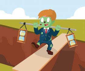 Zombie businessman carrying two hourglass onscreen vector