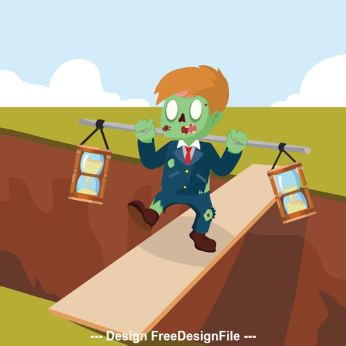 Zombie businessman carrying two hourglass onscreen vector