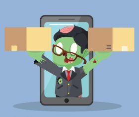Zombie businessman get out from phone with two boxes vector
