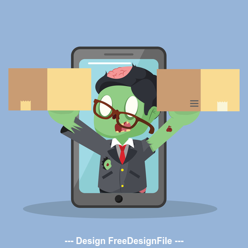 Zombie businessman get out from phone with two boxes vector