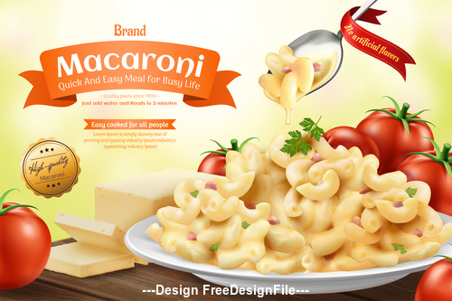 macaroni ads with cheese sauce and tomatoesin 3d illustration