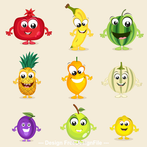 Amusing cheerful cartoon fruit and vegetables vector