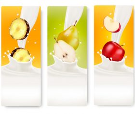 Banners with colorful fruits splash in milk vector