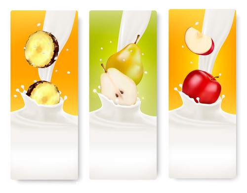 Banners with colorful fruits splash in milk vector