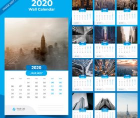 Blue background 2020 new year wall calendar vector