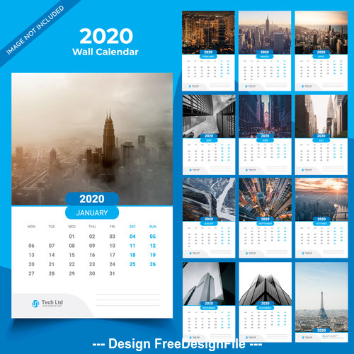 Blue background 2020 new year wall calendar vector
