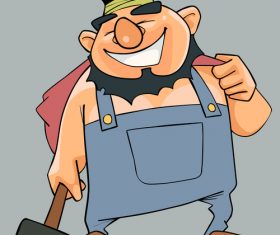 Cartoon cheerful man in overalls with a hammer in his hand vector