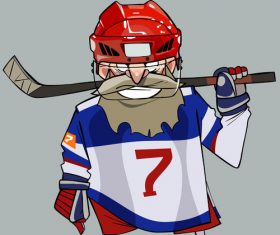 Cartoon comical bearded hockey player with hockey stick vector