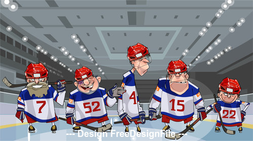 Cartoon five funny hockey players on the ice vector