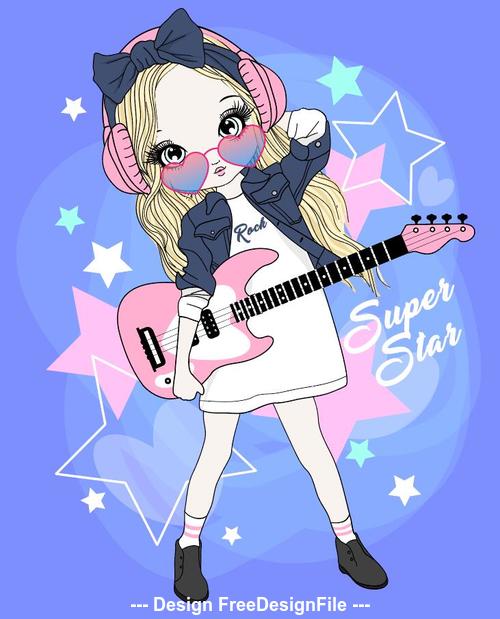 Cartoon girl playing guitar vector free download