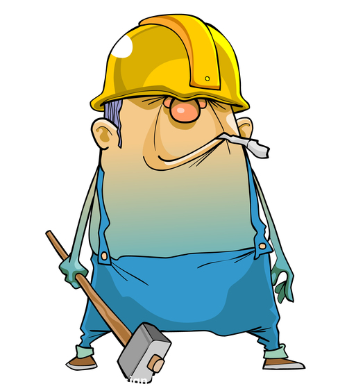 Cartoon man working in a helmet and with a hammer vector free download