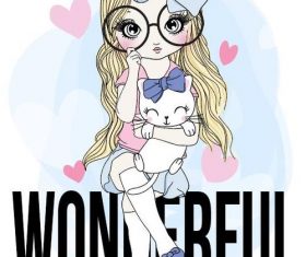 Cute girl and pet cat cartoon vector