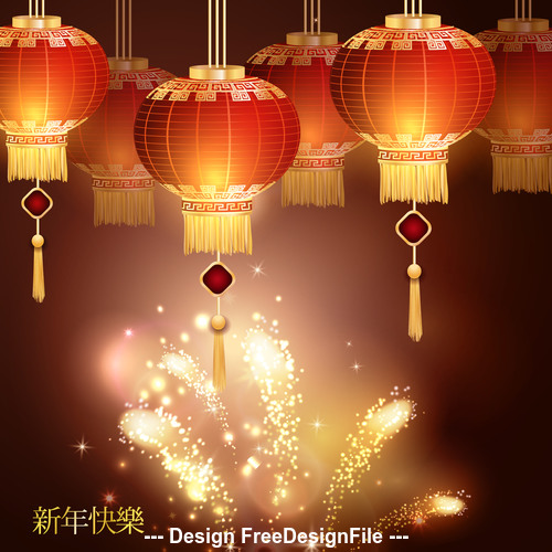 Fireworks and china new year lanterns vector