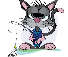 Fishing cat cartoon illustration vector