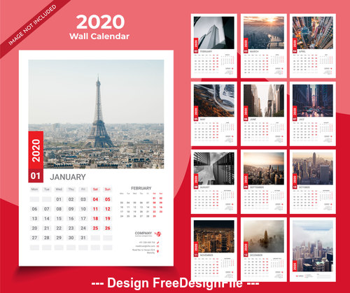 French city landscape 2020 new year wall calendar vector