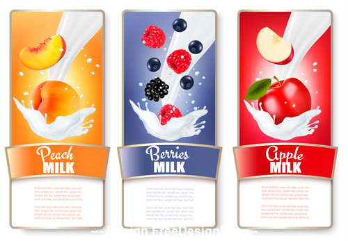 Fresh fruit and splash milk labels vector