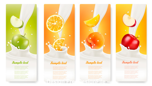 Fruit splash in milk labels banner vector