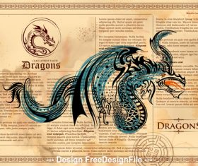 Furious dragon drawing on old vintage book page vector