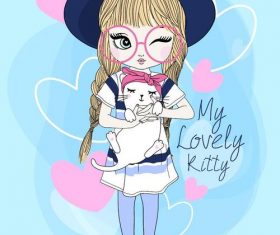Girl and cat cartoon vector