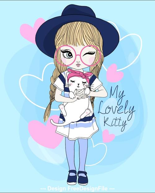 Girl and cat cartoon vector