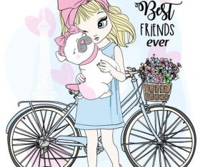 Girl puppy and bike cartoon vector