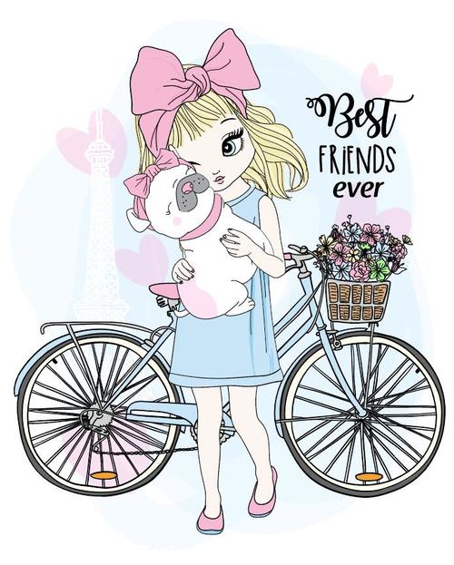Girl puppy and bike cartoon vector