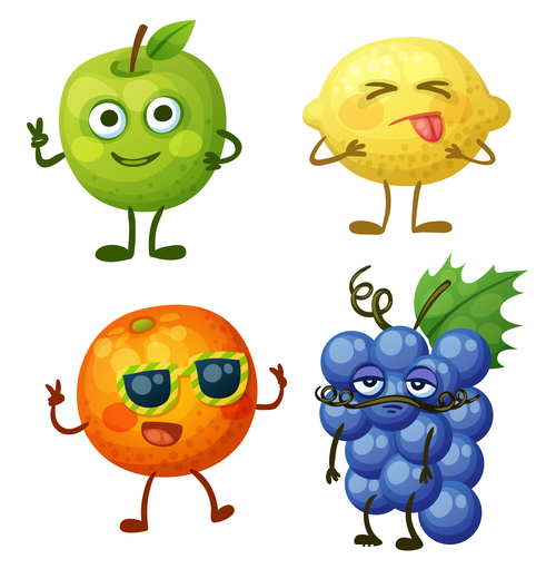 Grapes apples etc cartoon emoticons vector