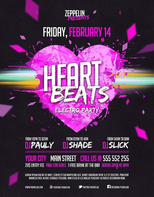 Heart Beats Party PSD Flyer template and Facebook Cover