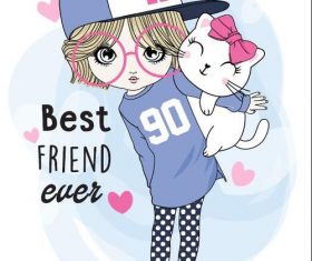 Illustration girl and pet cat playing vector
