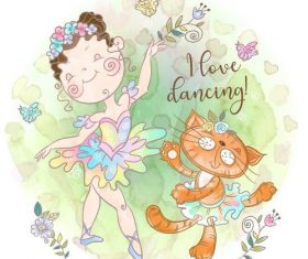 Little girl and cat dancing cartoon vector