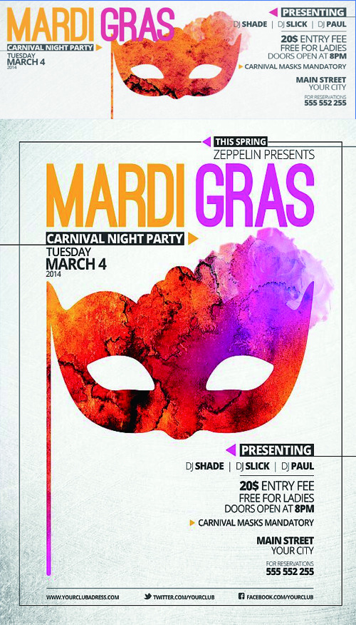 Mardi Gras PSD Flyer template and Facebook Cover   Version