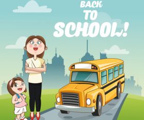 Mom and child waiting for school bus cartoon vector