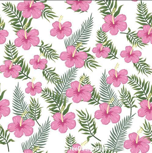 Pink flower and green leaves background seamless pattern vector