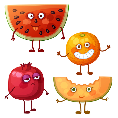 Pomegranate watermelon and orange fruit cartoon expression vector