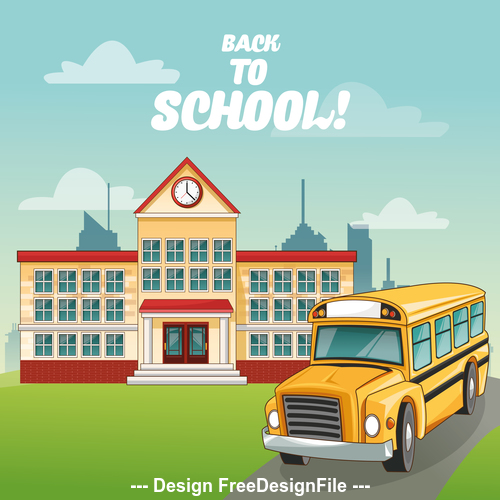 School bus and school building cartoon illustration vector