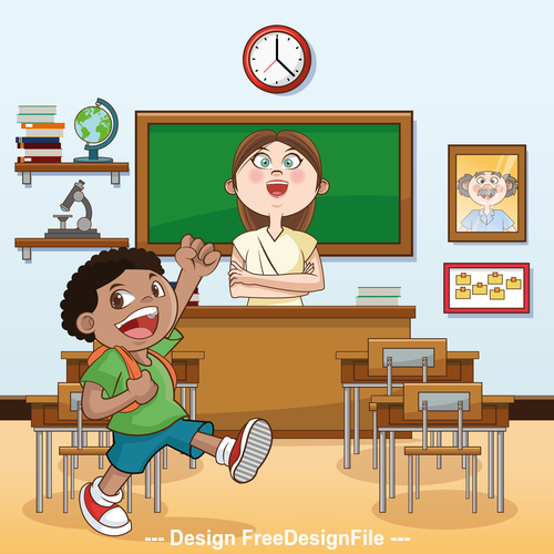 Teacher and elementary school student classroom cartoon illustration vector  free download