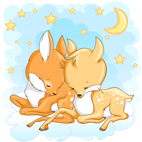 Two deer sleeping together cartoon vector
