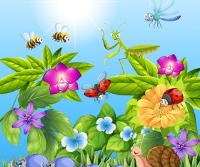 Various insects and flowers cartoon illustration vector