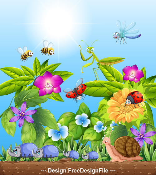 Various insects and flowers cartoon illustration vector