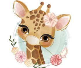 Watercolor drawings deer and flower vector illustration