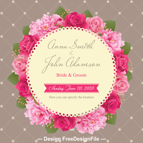 Wedding card with peony and pink roses vector