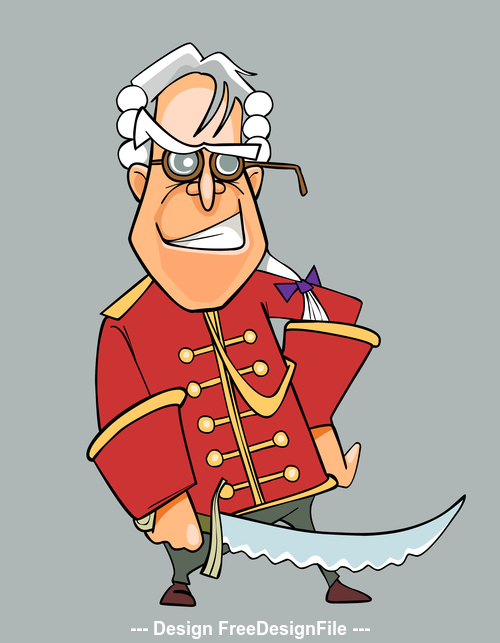 cartoon man in a pirate costume in a white wig and a sword vector