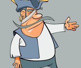 cartoon mustached man dressed in pirate shows his hand towards vector