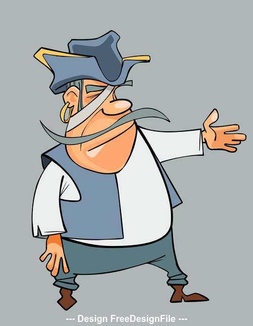 cartoon mustached man dressed in pirate shows his hand towards vector