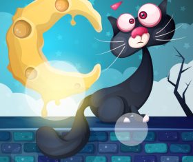 Black cat and cheese moon cartoon vector