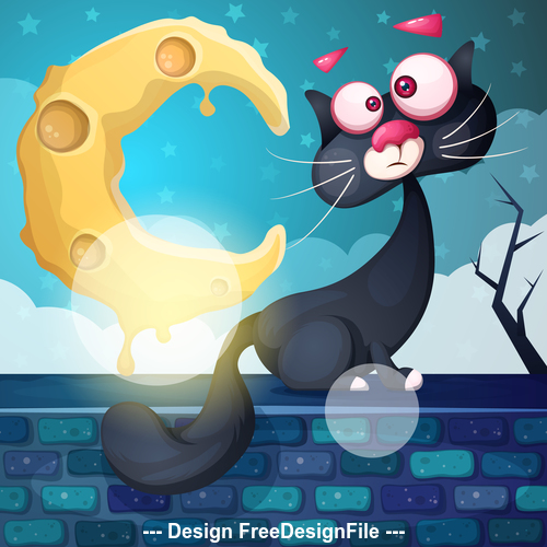 Black cat and cheese moon cartoon vector