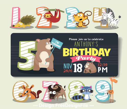 Cartoon animal and number vector