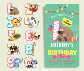 Cartoon animal digital label and birthday card vector